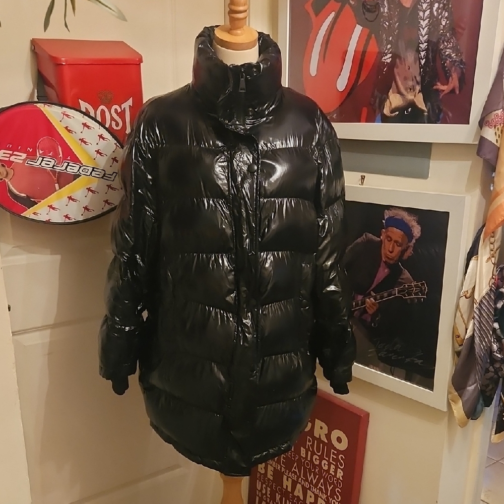 Zara Black Glossy Puffer Coat with High Collar - Picture 1 of 9